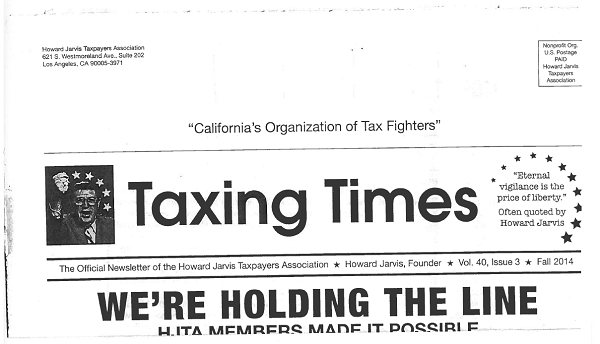 Scan of top half of front page of Howard Jarvis Taxpayers Association (HJTA) newsletter (Vol. 40, Issue 3, Fall 2014).