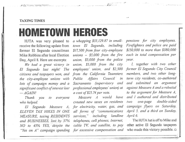 Scan image of the article in the Howard Jarvis Taxpayers Association (HJTA) newsletter (Vol. 40, Issue 3, Fall 2014), honoring Mike Robbins as a "Hometown Hero".